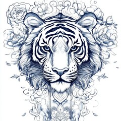 Obraz premium Majestic Blue Tiger Portrait with Floral Mandala Design