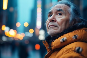 Obraz premium Elderly man gazes thoughtfully upward in a vibrant city street lit by evening lights