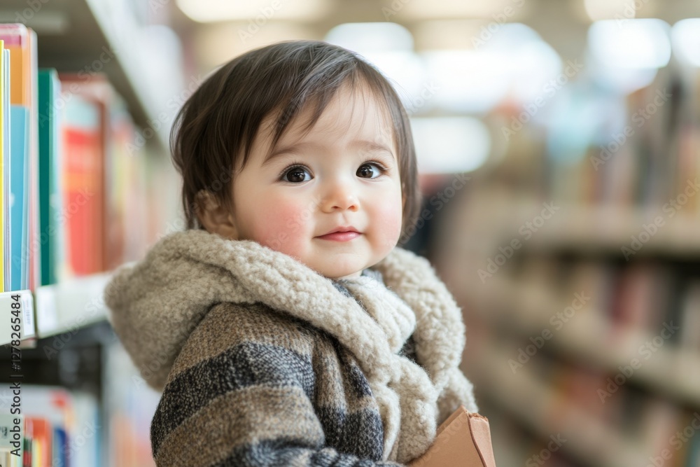 Poster curious toddler exploring a library filled with colorful books during daylight hours