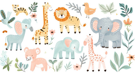 Obraz premium Cute Safari Animal Illustrations Set with Giraffes, Elephants, Lions and Leaves in Pastel Colors.