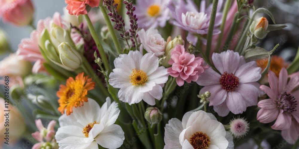 Poster vibrant close-up of colorful flowers with soft focus and space for custom text or graphics