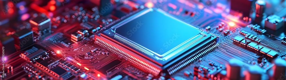 Poster Vibrant Microchip and Electronic Circuit Board Backdrop with Futuristic Technological Design  Hi Tech Digital Computer Hardware and Innovation Concept