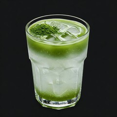 A glass of matcha coconut water with matcha powder, coconut water, and ice cubes, 