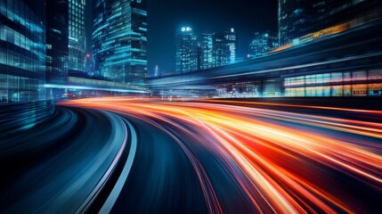 Obraz premium Drag racing car racing through a futuristic urban street at night. Featuring innovation and energy