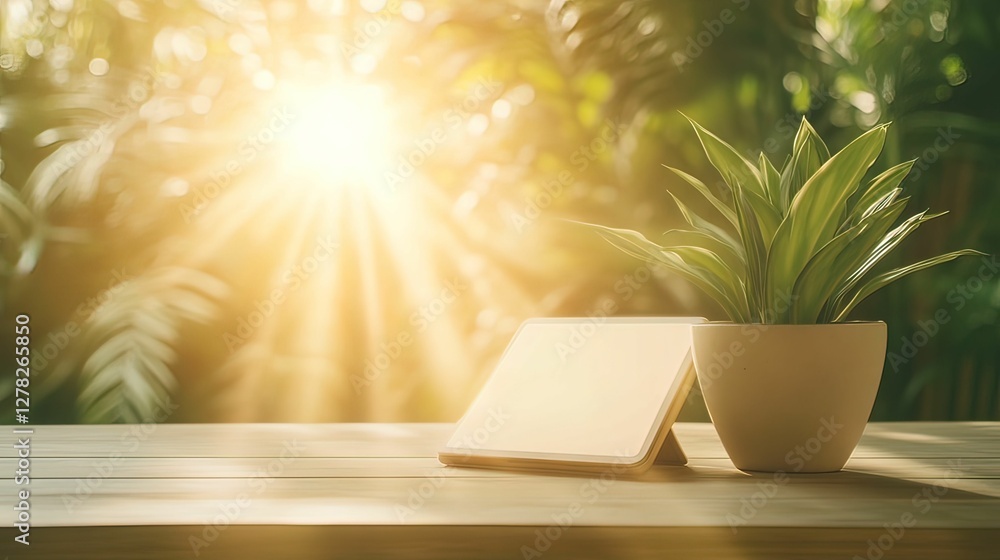 Poster smart tablet with multifactor authentication glowing in serene nature digital device bright environm