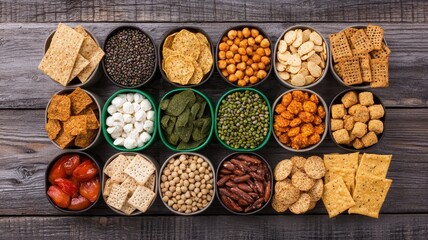 A vibrant display of assorted snacks in bowls, featuring nuts, seeds, crackers, and dried fruits, arranged neatly on a rustic wooden surface.