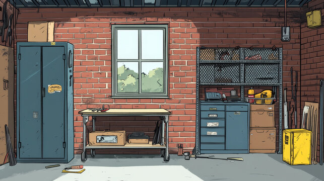 Inside garage workshop interior cartoon vector illustration. Brick wall in house building storeroom with window and maintenance equipment. Metal rack for box near locker and board scene with nobody