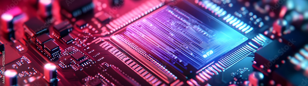 Poster Vibrant Microchip Circuit Board with Glowing Red and Blue Lights Symbolizing Advanced Technology and Innovation  High tech electronic components data processing