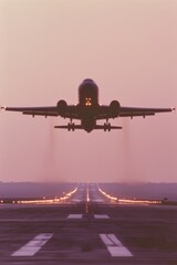 Fototapeta premium Aircraft ascends into twilight sky, illuminated by runway lights