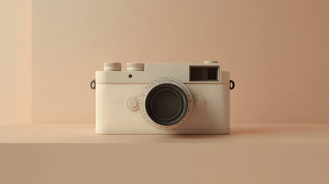 Minimalistic camera on beige background, sleek design, perfect for photography enthusiasts, ideal for showcasing tech innovations.