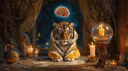 A mystical tiger in a candle-lit fortune teller room, interpreting visions of a floating brain.