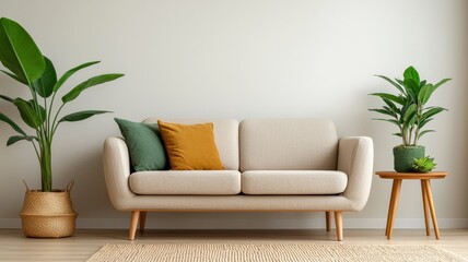 A modern, minimalist living room featuring a light sofa with colorful cushions, accompanied by stylish plants and a wooden side table.