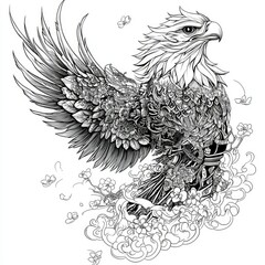 Fototapeta premium Intricate Ornate Eagle with Floral Design and Clouds - Black and White Zentangle Illustration