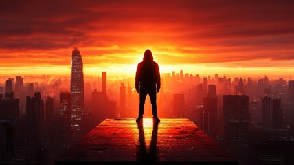 Fototapeta premium A lone figure standing on the edge of a ruined skyscraper, watching the sun rise over a dead world