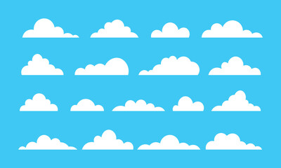 Collection of white cartoon clouds. Flat design style vector illustration