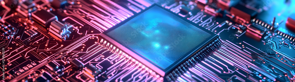 Poster vibrant technological landscape intricate microchip design in neon hues closeup view of a complex el