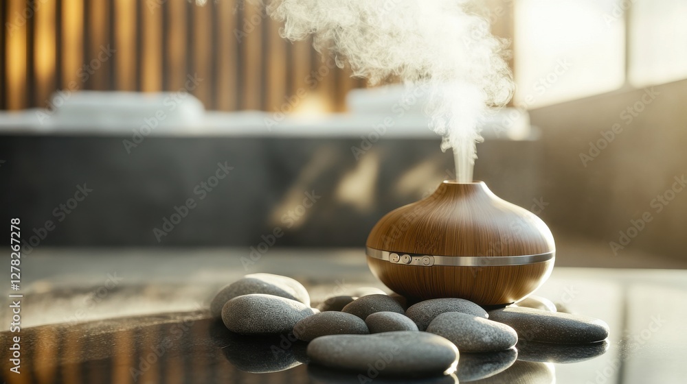 Poster aromatherapy diffuser with steam on stones in tranquil setting