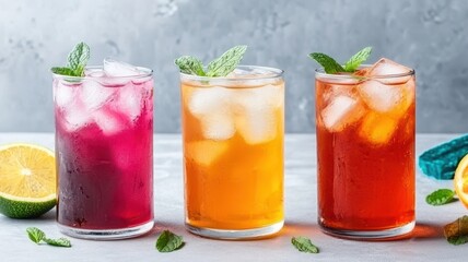 A colorful trio of refreshing iced drinks garnished with mint, perfect for cooling off on a warm day.