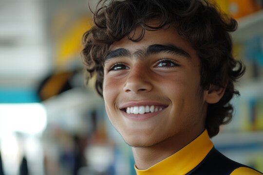 Young boy smiles brightly while wearing a yellow wetsuit in a vibrant surf shop filled with surfboards - Powered by Adobe