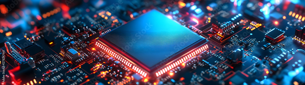 Fototapete Vibrant Technological Landscape of Interconnected Microchips and Circuits Showcasing the Intricate Futuristic Design of Modern Digital Systems and Electronics
