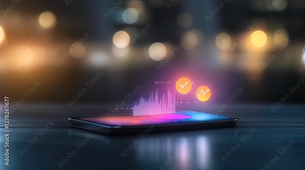 Poster dynamic productivity app interface showcasing glowing charts in modern workspace at night digital en