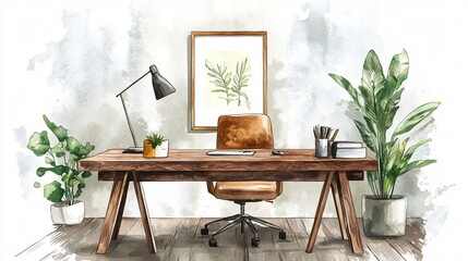 Rustic Wooden Desk Watercolor Illustration for Design Projects