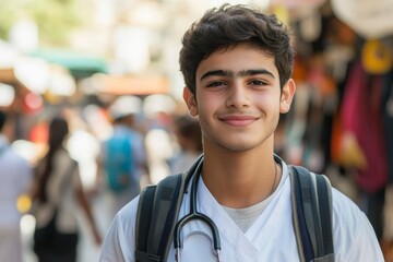 Fototapeta premium Young boy wearing a white medical scrubs with a stethoscope in a busy market street during daylight