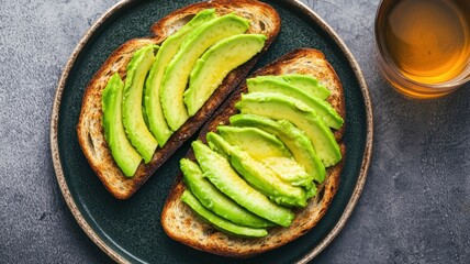 Avocado slices on toasted bread served on a dark plate, accompanied by a glass of tea or beverage, showcasing a healthy and vibrant meal.