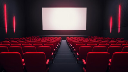 Fototapeta premium Cinema hall with audience seats and blank panoramic screen with transparent background. Template of movie theater auditorium interior with rows of red chairs, vector cartoon illustration