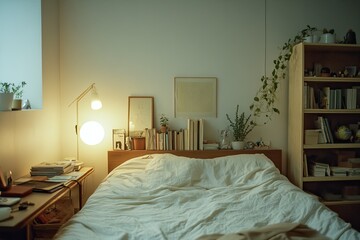 Serene Bedroom Interior Design with Plants and Books