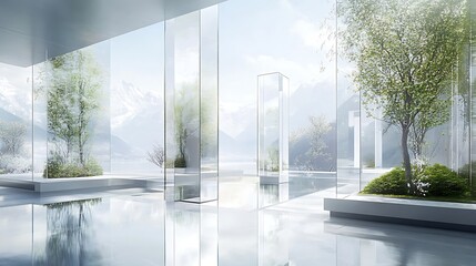 Fototapeta premium Modern Minimalist Glass Building With Indoor Trees and Mountain View