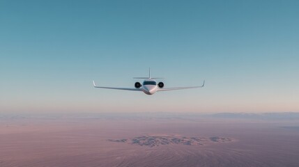 Fototapeta premium Sleek airplane soars above serene desert landscape, showcasing v