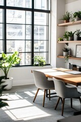 Sunlit Modern Office Workspace With Plants And Wooden Table