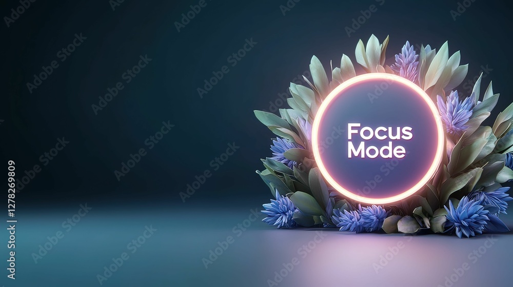 Poster illuminated focus mode button surrounded by vibrant abstractive flora digital calm studio environmen