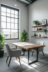 Modern minimalist office workspace with wooden table and chairs