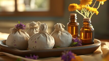 Obraz premium Herbal Pouches and Essential Oils Displayed on Wooden Tray