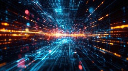 Futuristic data stream with glowing lines and particles representing digital network and connection