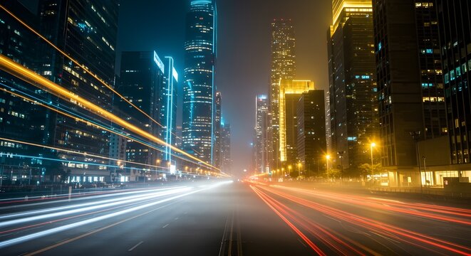 Horizonte cinematogr&aacute;fico futurista nocturno con rascacielos brillantes y luces con efecto de desenfoque de movimiento