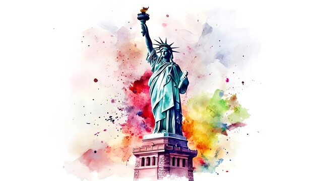 Watercolor painting of the iconic Statue of Liberty monument a national symbol of freedom and independence in New York City USA with vibrant color splashes and abstract style on a white background