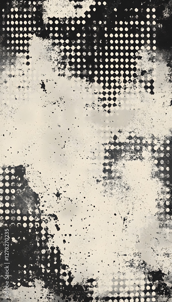 Poster abstract design features patterns with black dots and splatters
