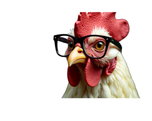A chicken rooster cock cockerel bird character with eyesight glasses, PNG