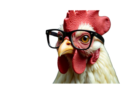 A chicken rooster cock cockerel bird character with eyesight glasses, PNG