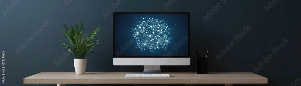 Poster innovative remote workspace design featuring projection keyboard and ai technology modern office env