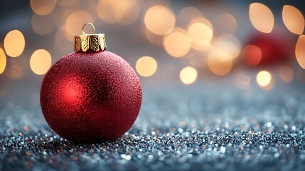 Fototapeta premium Red Christmas Ornament on Glitter Background with Bokeh Lights