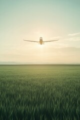 Naklejka premium Sunset glow envelops aircraft soaring above lush green fields, e