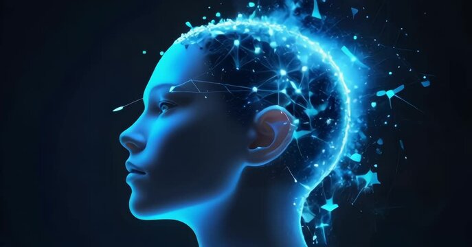 Futuristic Digital Human Head Disintegrating into Data Particles