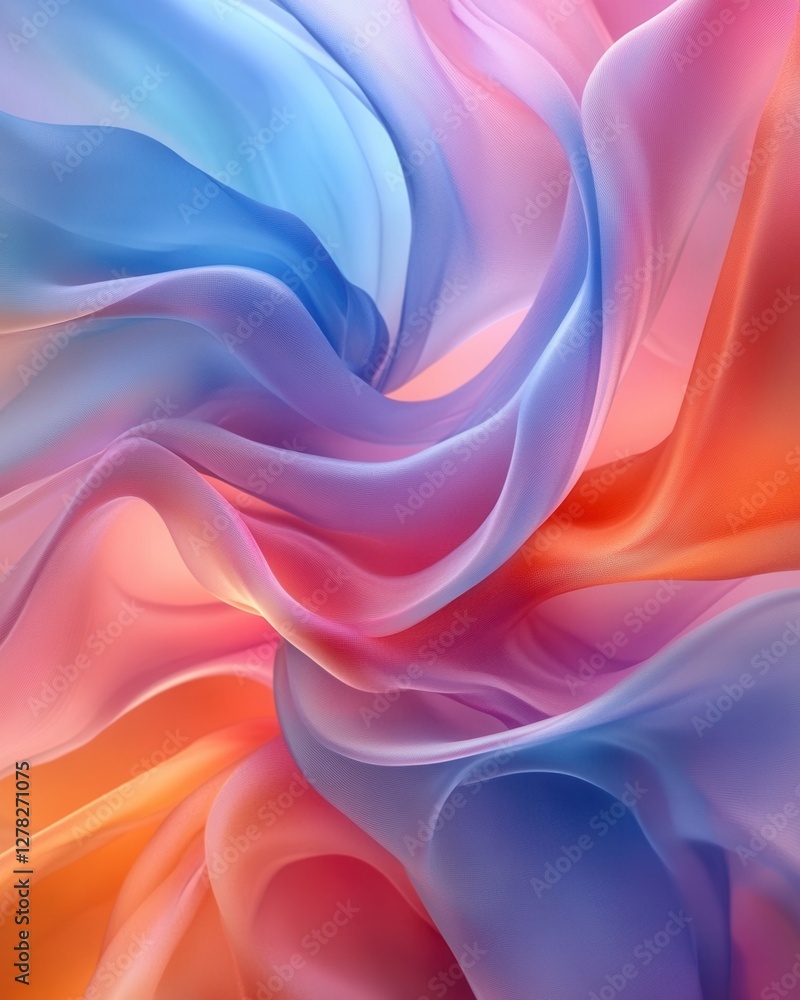 Poster ethereal fabric waves in gradient hues of blue orange and pink creating a soft and dreamy abstract b