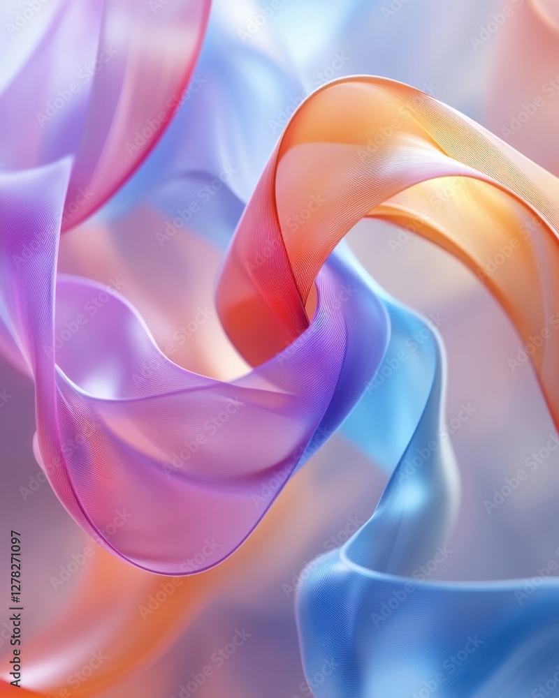 Poster abstract flowing ribbons in soft pastel hues creating a dreamy and ethereal visual with gentle curve