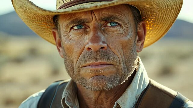 Man wearing a cowboy hat and a vest is standing in a desert. He has a serious expression on his face