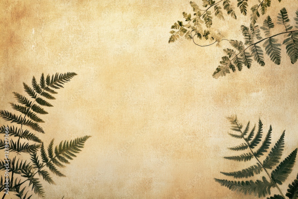 Poster natural ferns frame a textured background creating a serene, earthy ambiance suitable for various cr